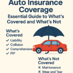 Auto insurance coverage illustration showing what’s covered (liability, collision, comprehensive, PIP) and what’s not covered (maintenance, wear and tear) with a red car under an umbrella symbolizing protection.