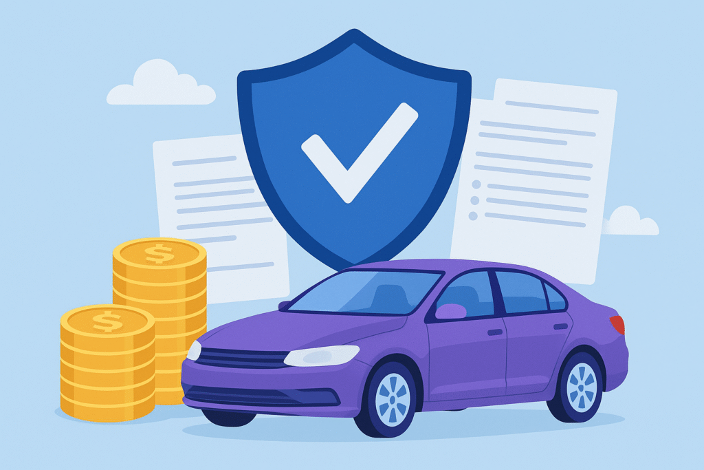 Purple car with shield, coins, and documents symbolizing auto insurance protection and savings.