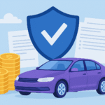 Purple car with shield, coins, and documents symbolizing auto insurance protection and savings.